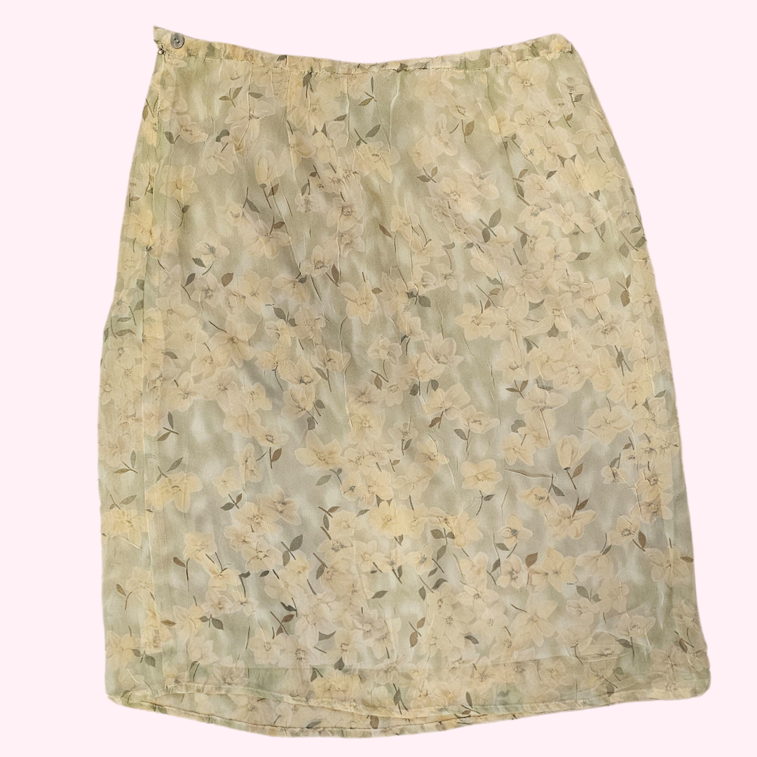 requirements green & yellow floral knee length skirt