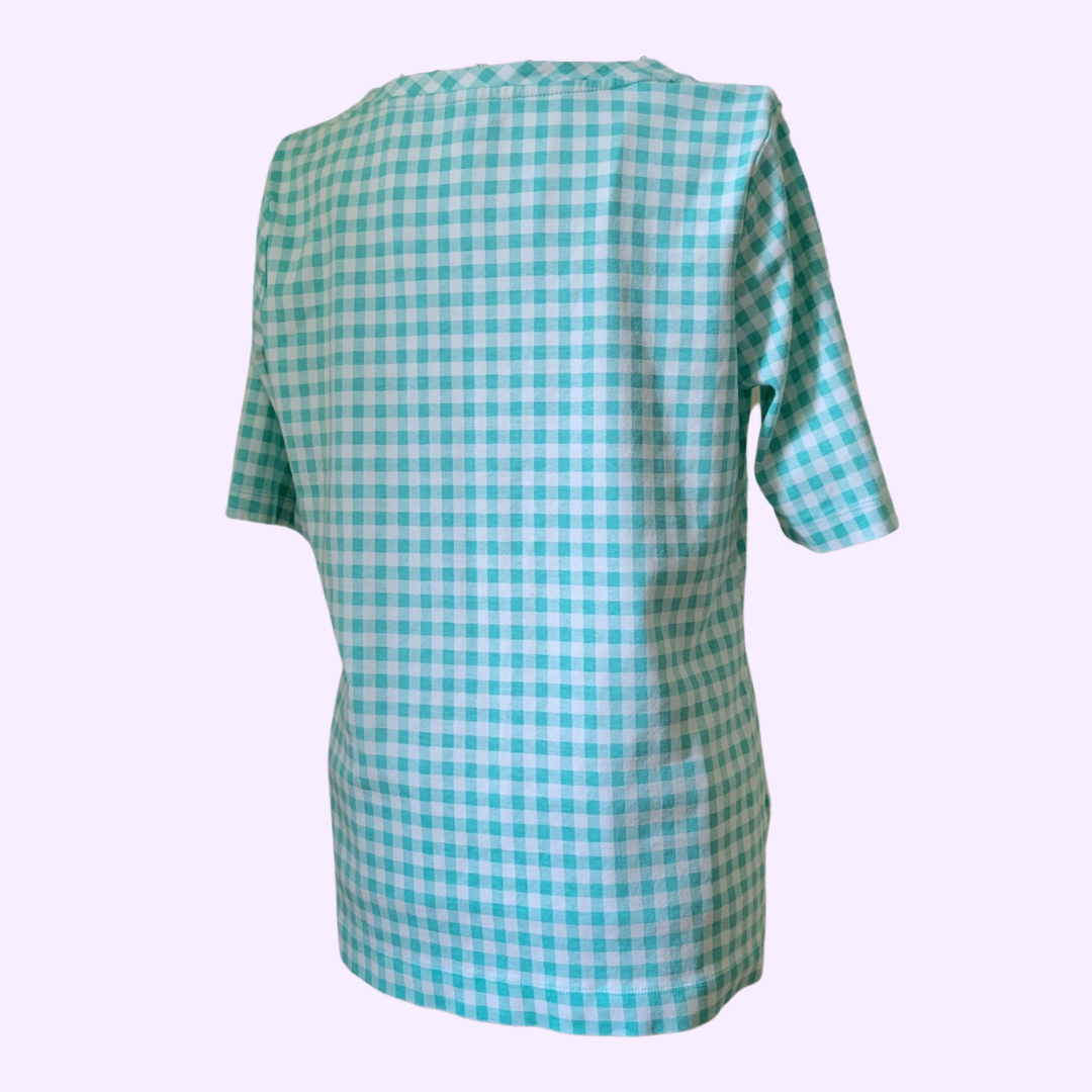 green and white sweetheart neckline gingham top