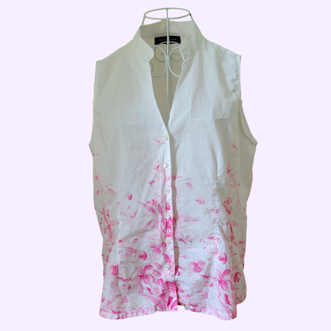 pink floral design sleeveless button down
