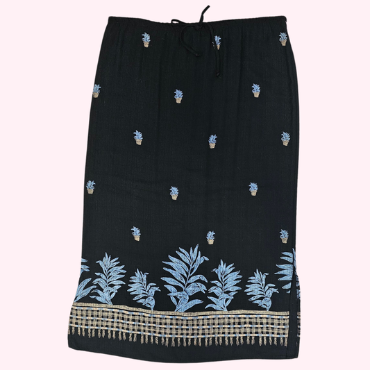 teddi black plant print midi skirt
