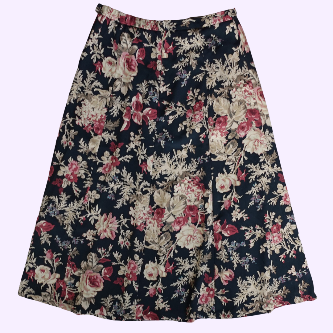 black and pink floral midi skirt