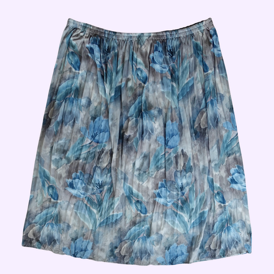 blue and tan floral pleated skirt