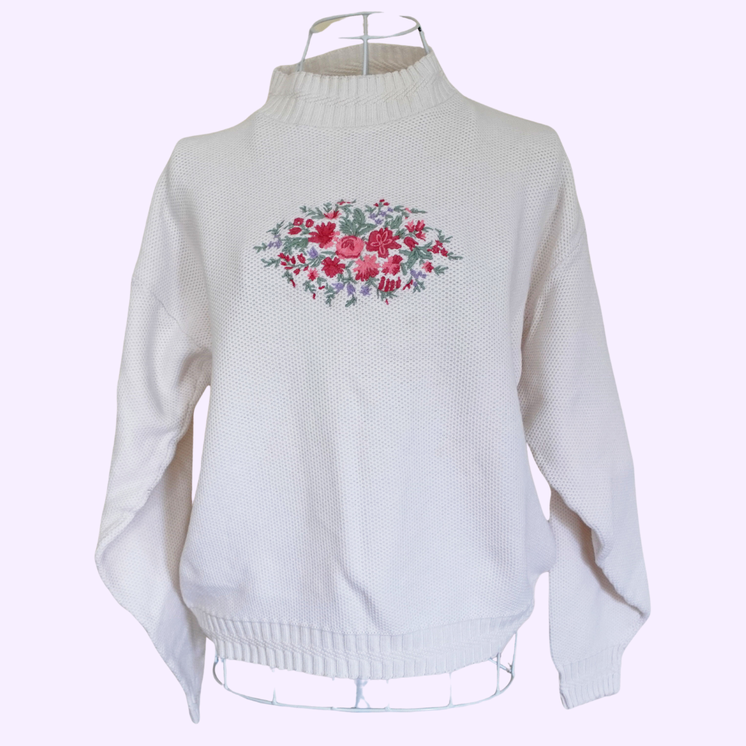 white long sleeve floral embrodered sweater