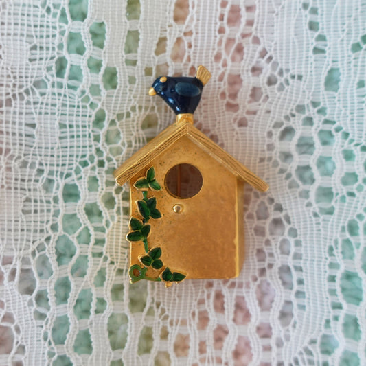 gold birdhouse pin