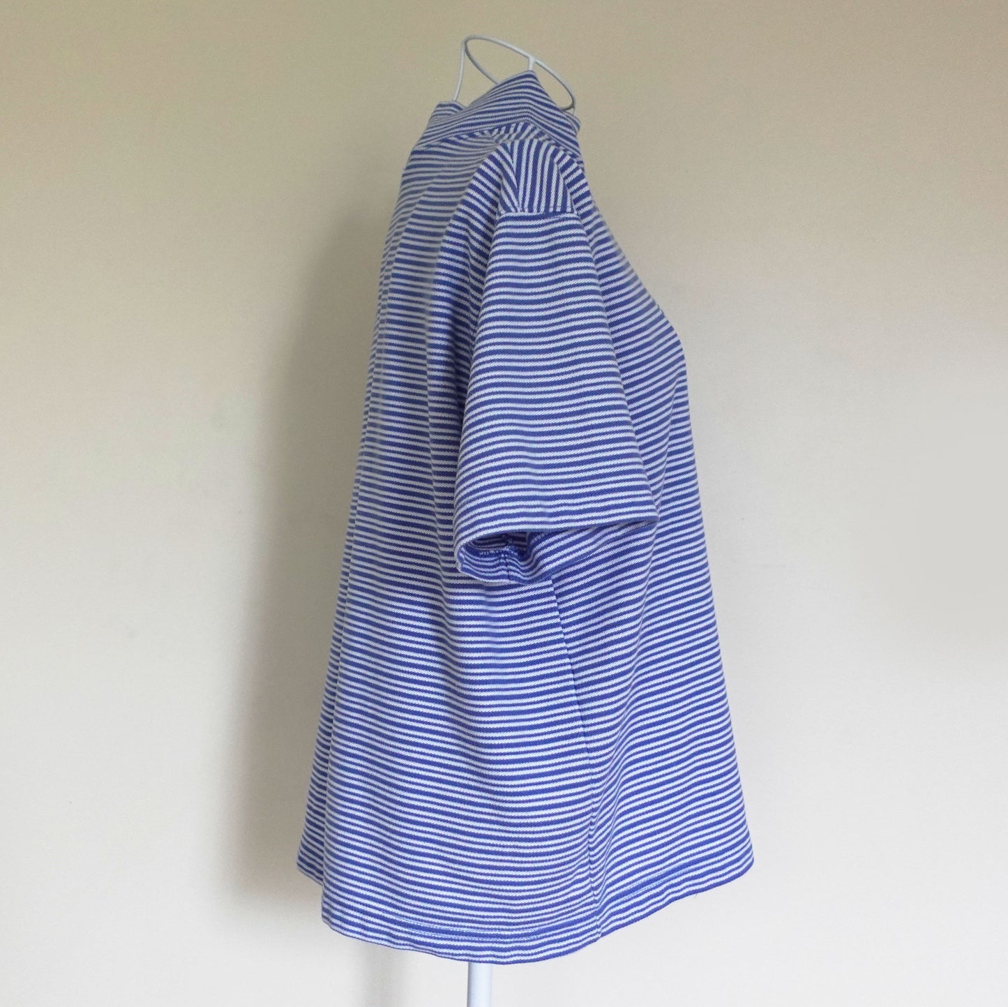 blue and white stripe knit turtleneck top
