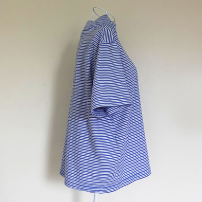 blue and white stripe knit turtleneck top