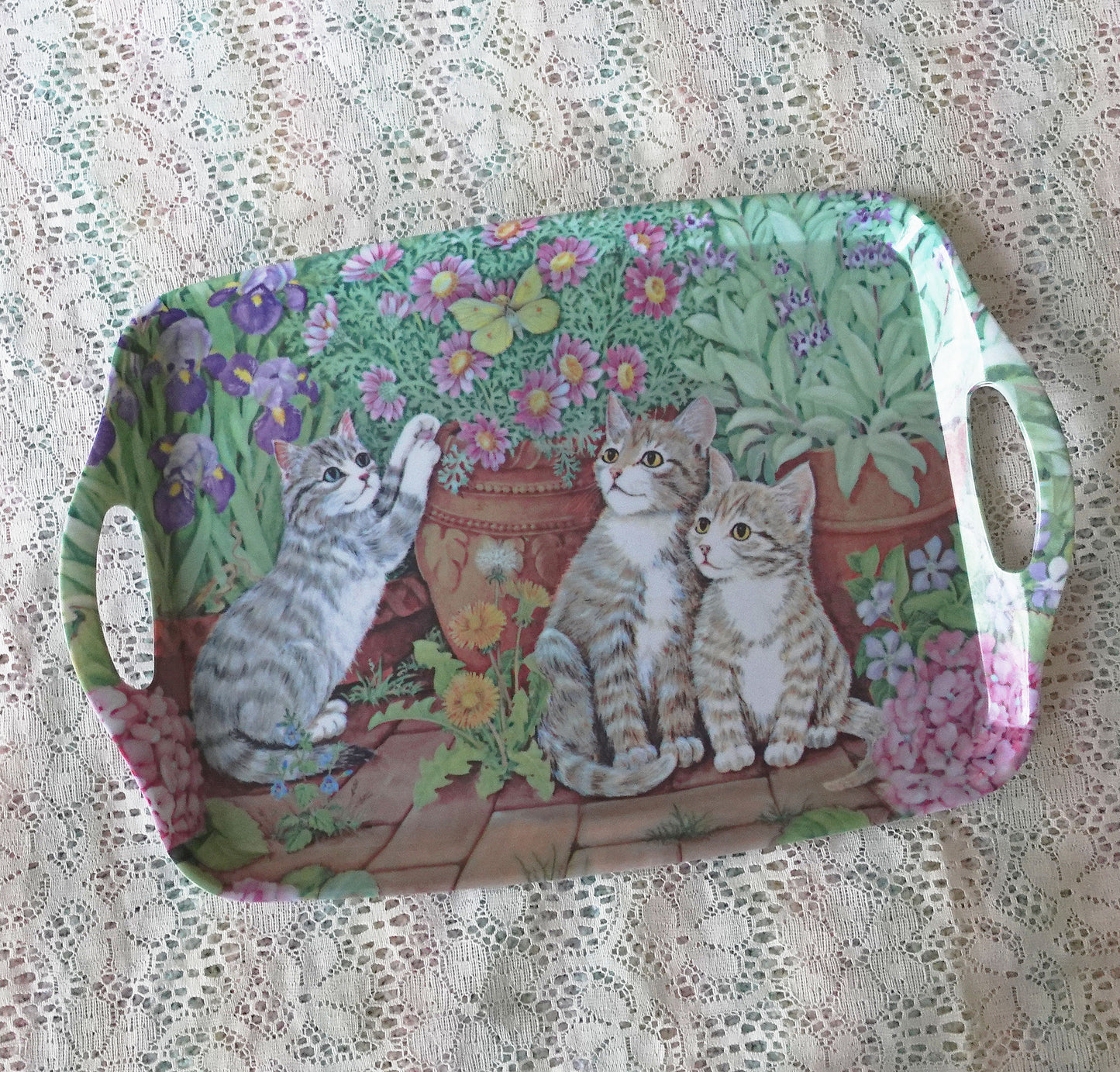 cute pastel cat floral tray