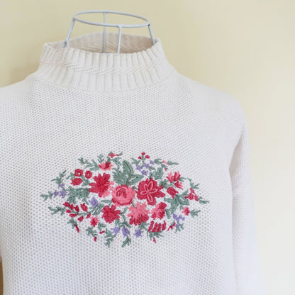 white long sleeve floral embrodered sweater