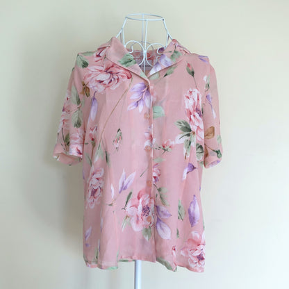 pink floral button down short sleeve top