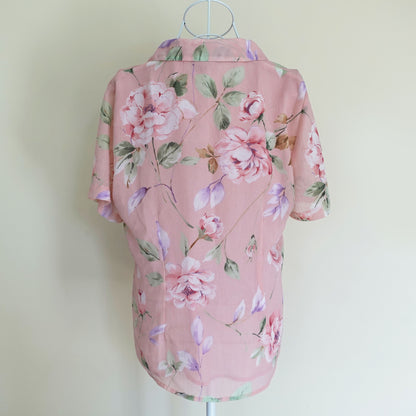 pink floral button down short sleeve top