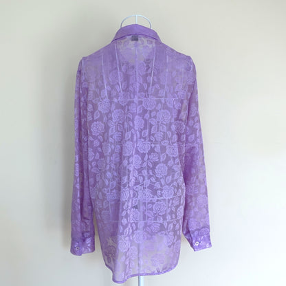 purple sheer floral button down top