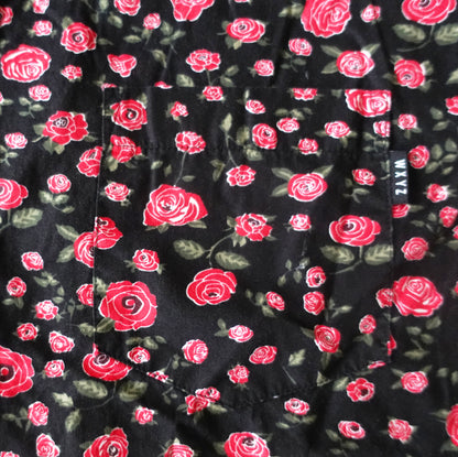 black & red rose print button down