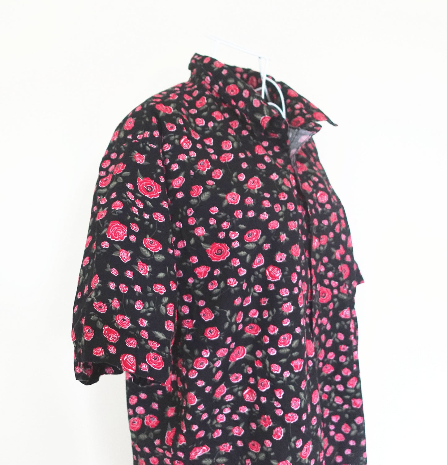 black & red rose print button down