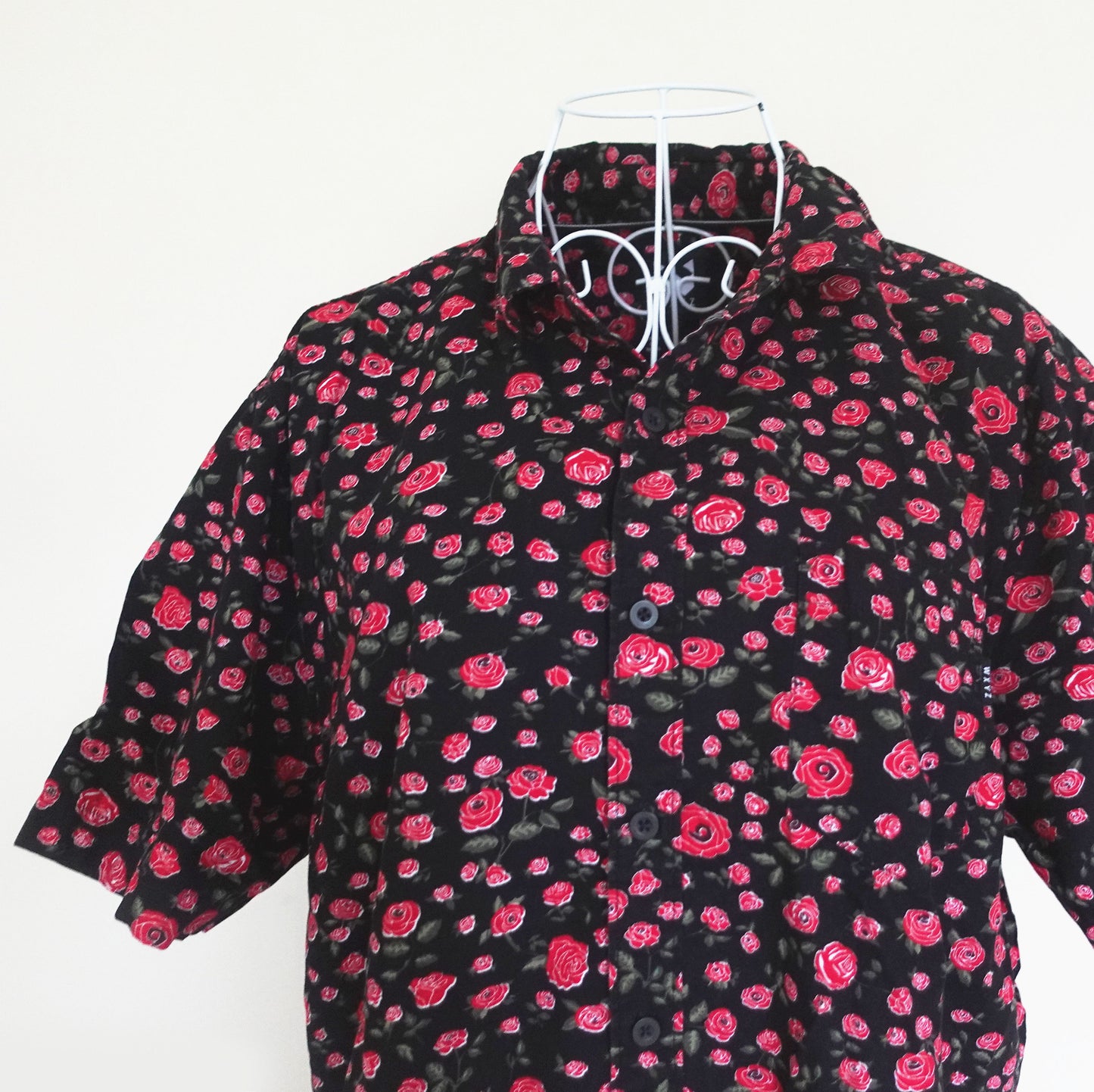 black and red rose print button down